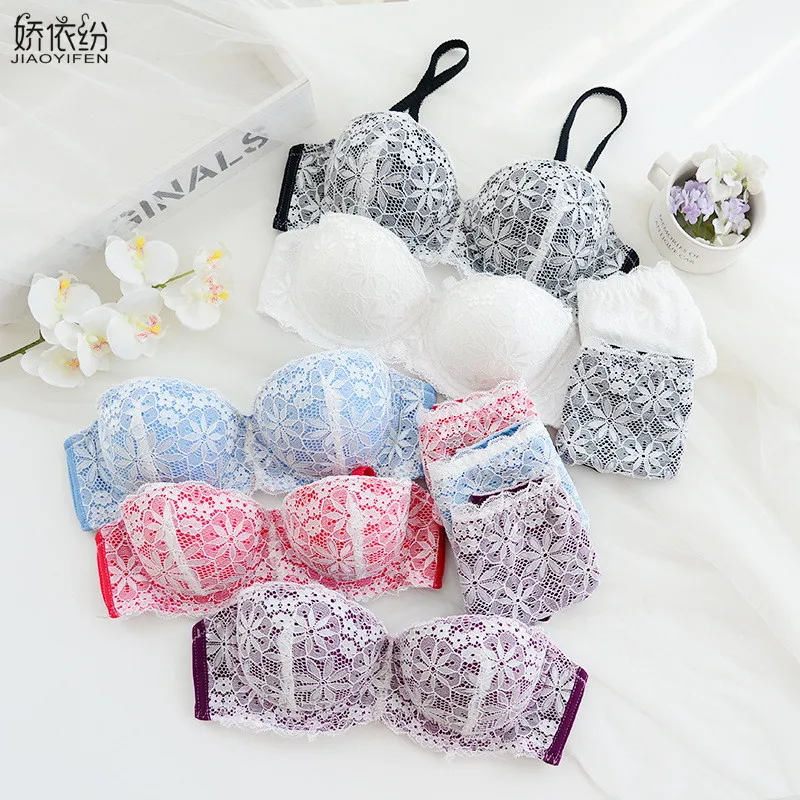 

JYF Brand Hot Sale Sexy Women Underwear 1/2 cup Bra Set Lace Embroidery Snowflake Lovely Girl Student Push Up Lingerie Sets