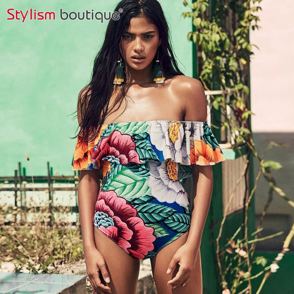 

2018 NEW Floral Off Shoulder Swimwear One Piece Swimsuit Ruffle Female Bathing Suit Women Sexy Monokini Thong Swimwear