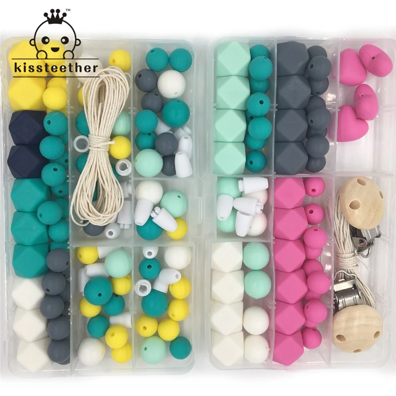 2pcs Baby Teether Toys Silicone Teething Kit Geometric Hexagon Beads Wooden Pacifier Clip DIY Nursing Necklace | Мать и ребенок