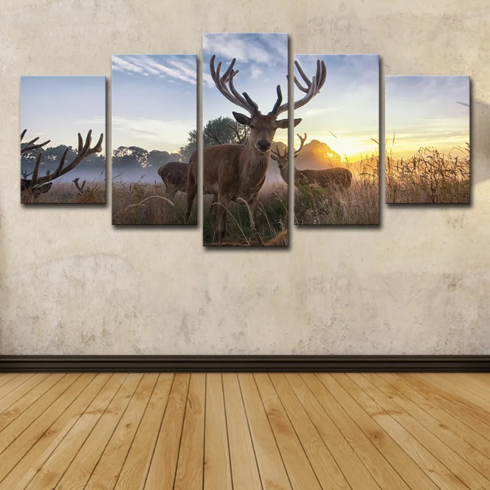 Buy 5 Panel Forest Steppe Animal Reindeers Wall Art