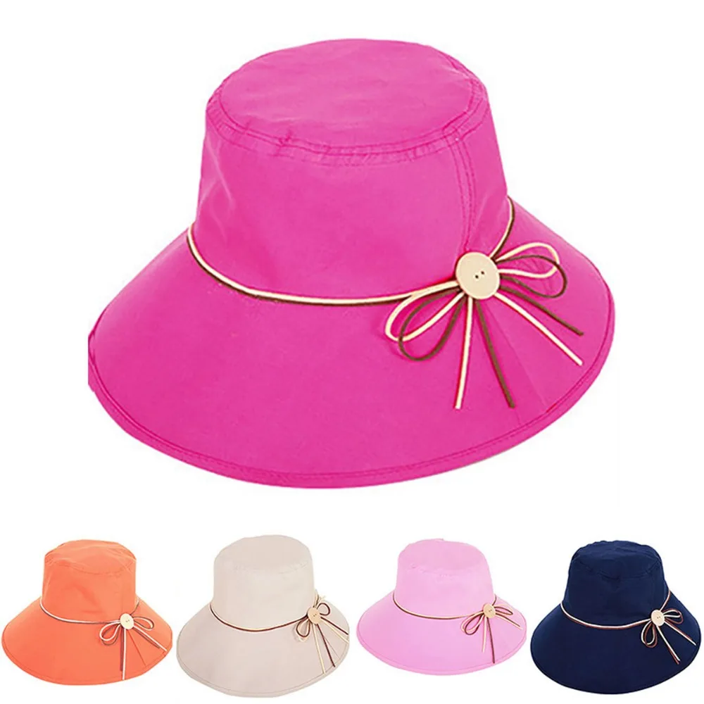 

2019 Summer Hat For Women Elegant Wooden Buckle Wide Brim Beach Sun Hats Ladies Anti-Uv Cap Foldable Visors