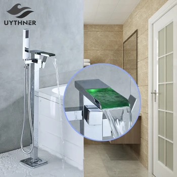 

Newly Chrome Polished LED Bath Tub Faucet Floor Type Bathtub Mixer Faucet Tap With Handheld Shower Hot and Cold Water