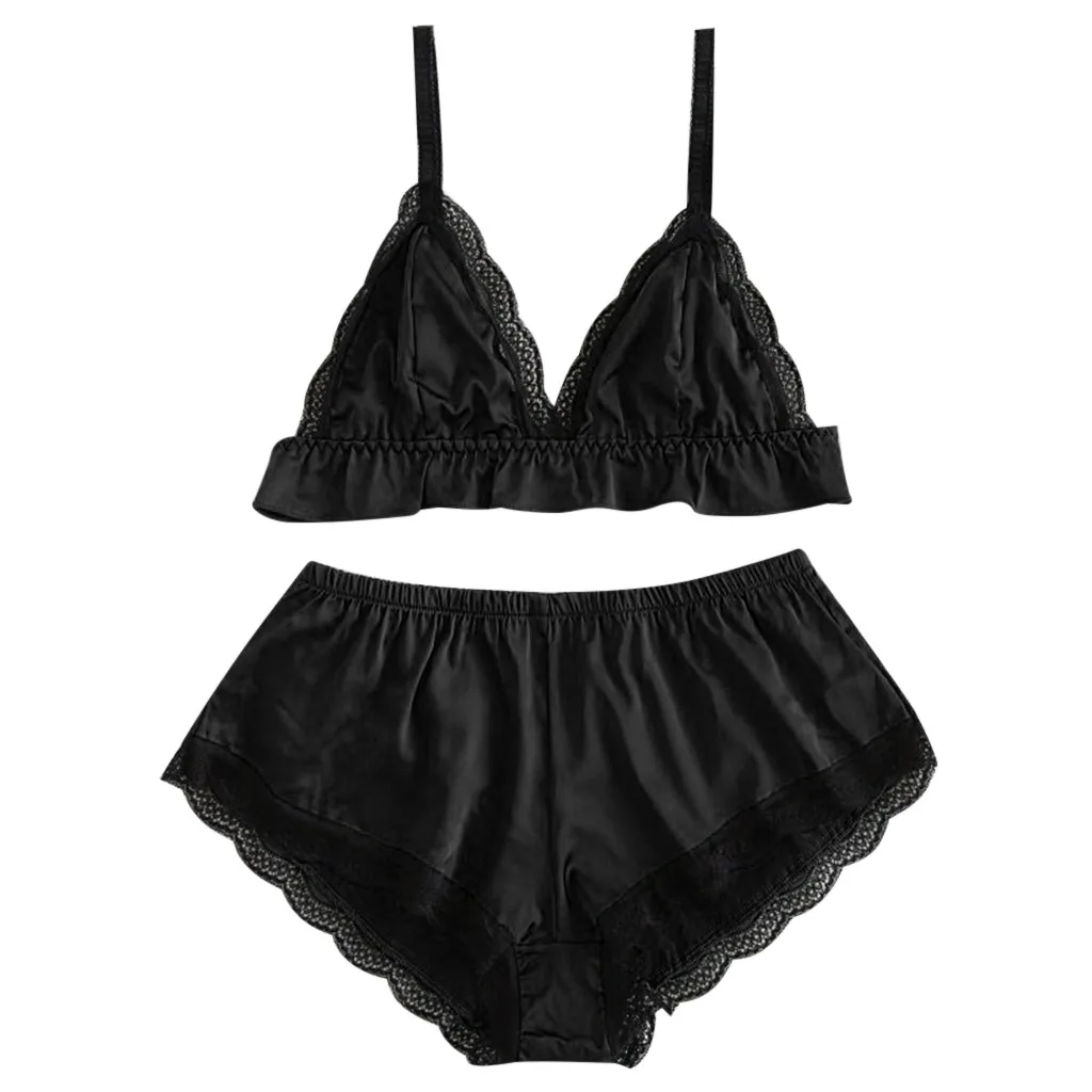 Women Underwear sets 2PC Women Satin Sexy Lingerie Girl Lace Splice