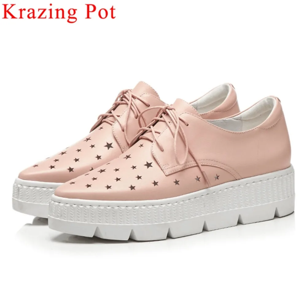 

Krazing Pot British style cow leather med bottom flat platform pointed toe breathable holes design lace up vulcanized shoes L20