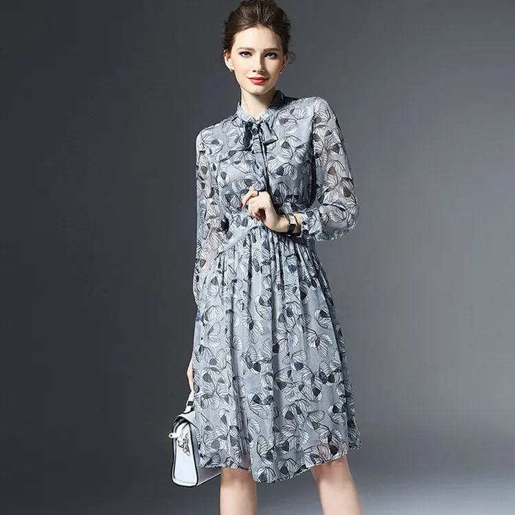 New Autumn Dress Women Butterfly Print Dress Robe Femme Casual Long Sleeve Women Dresses Bow Chiffon Vestidos Mujer 2019 (6)