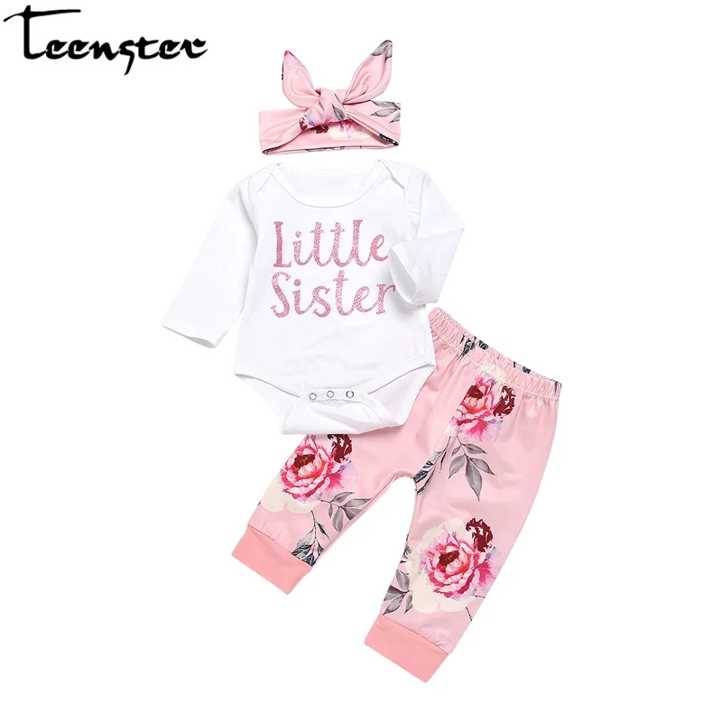 

Teenster Newborn Baby Girl Clothes Long Sleeve Bodisuit&pants&Hair Band Little Sister Printed Toddler Girls Flower Outfits