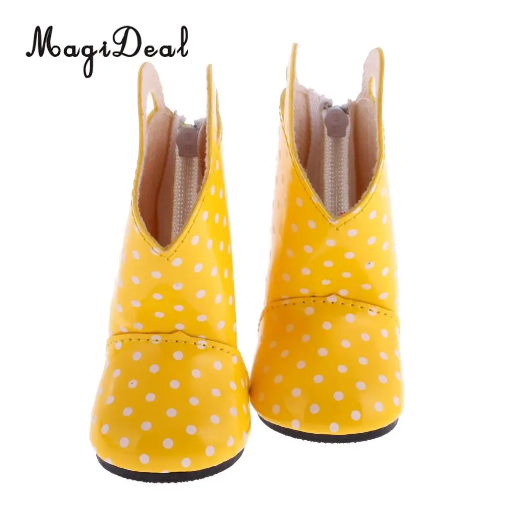 MagiDeal 1 Pair PU Leather Yellow Dots Zipper Back Boots Shoes for 18 Inch   Dolls Baby Outdoor Rain Wear Accs