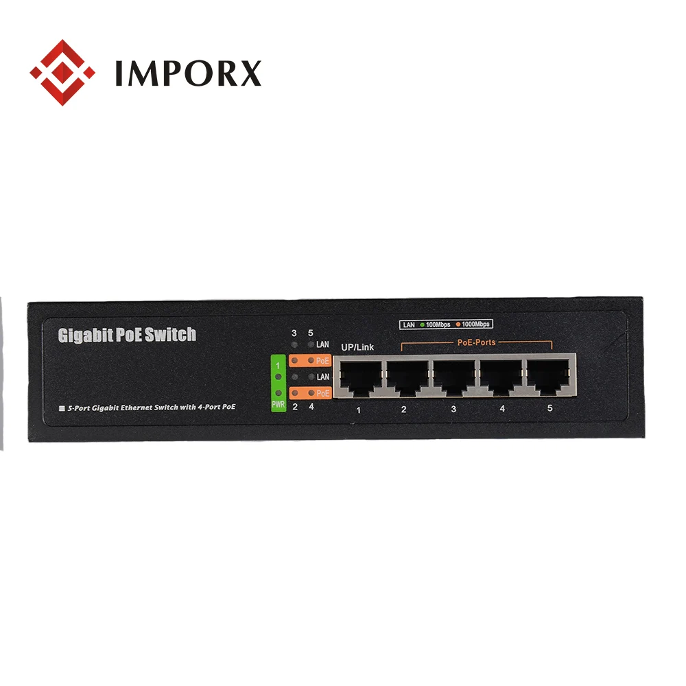 IMPORX 4CH коммутатор питания через Ethernet PSE6504G 5 Порты 10/100/1000 Мбит/с Ethernet-коммутатор Поддержка IEEE802.3af/на Мощность более 4POE Порты 1 Uplink Порты и