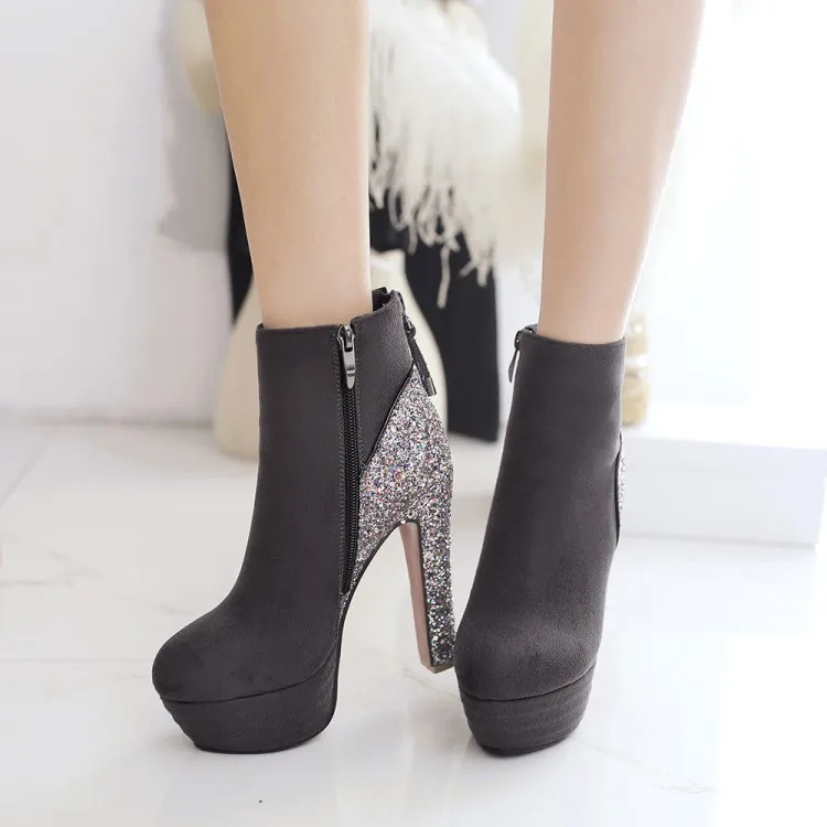 

Big Size 11 12 13 14 15 Ma'am Coarse heel Short boots Pure color Sequins Fashion boot barrel High heel boots