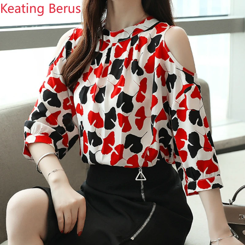 

2019 Fashion Summer Women's Chiffon Shirt In The Sleeve Round Neck Loose Women Commuter Tops Korean Sexy Exposed Shoulder Blouse