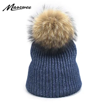 

Autumn Winter Knitted Wool Hats For Women Fashion Pompon Beanies Fur Hat Female Warm Caps With Natural Genuine Raccoon Fur Cap