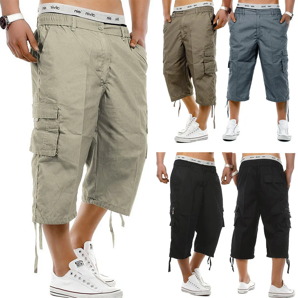 Для мужчин s одежда с эластичной резинкой на талии в стиле «милитари» Лето Для мужчин Мешковатые брюки "Карго" из хлопка до колена повседневные брюки Мужской большой свободные укороченные штаны