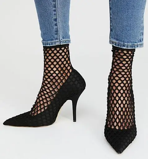 

2018 Summer New Brand Women Black Solid Color Network Pointed Toe Slip On Office Lady Sexy Night Club Pumps Stiletto Heel Shoes