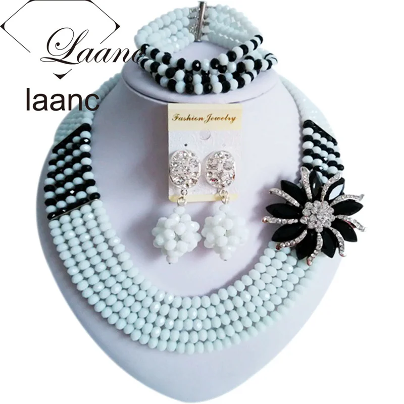 

Laanc White and Black Nigerian Wedding African Beads Jewelry Set Crystal Necklace Earrings for Women AL537