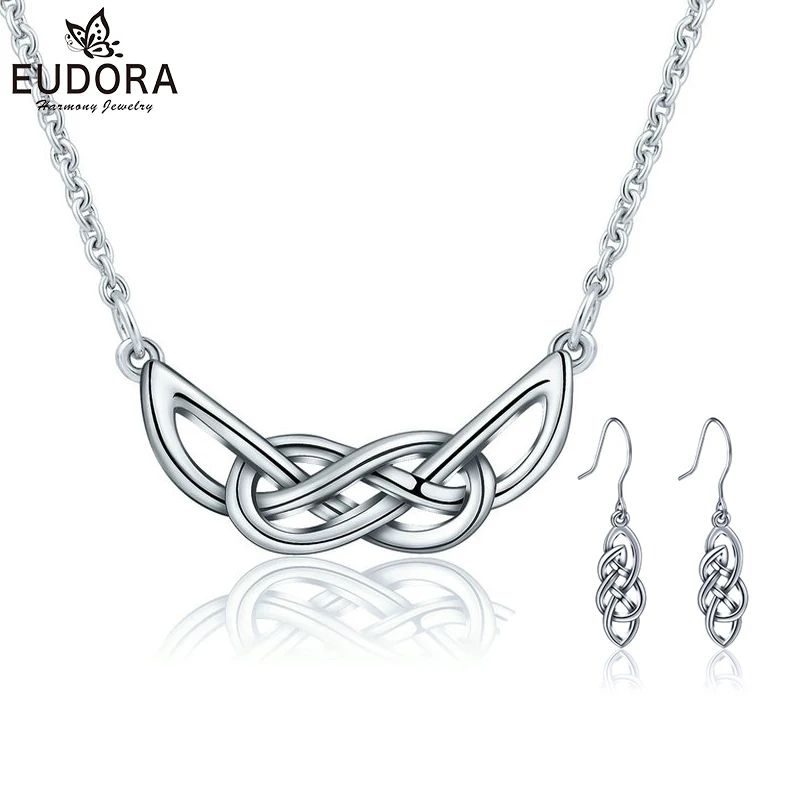 

EUDORA 925 Sterling Silver Set Celtics Knot Pendant Neckalce Earrings Infinity Sign Dangler Earring Women Fashion Jewelry Sets