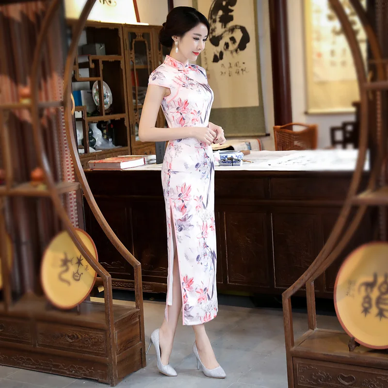 

Traditional Chinese Cheongsam Lady Silk Satin Dress Women Summer Long Prom Gown