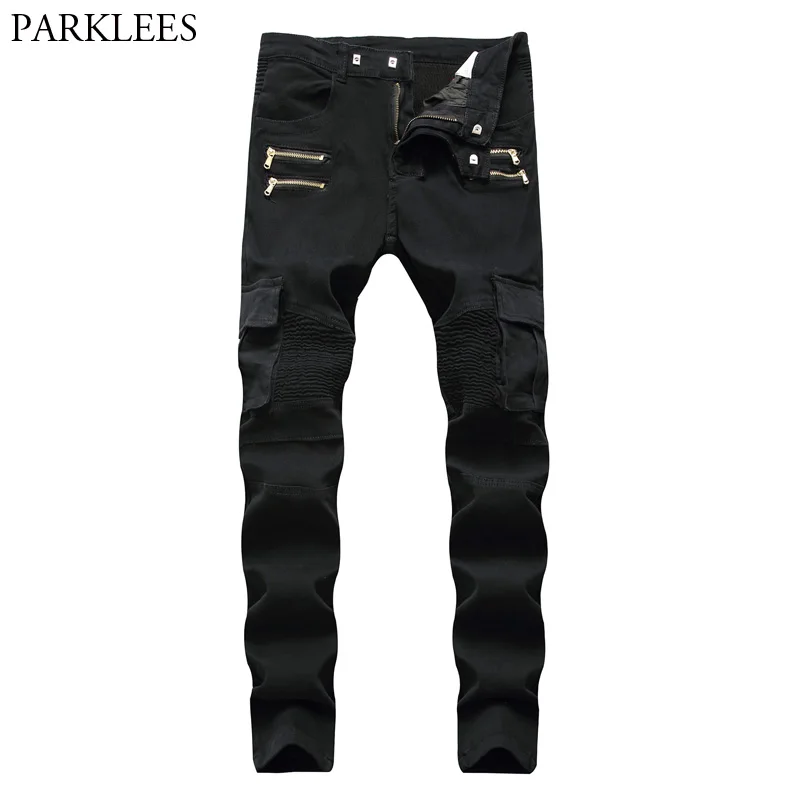 

Black Biker Cargo Jeans Pants Men 2018 Brand New Folds Pocket Pencil Jeans Homme Zipper Casual Runway Distressed Motorcycle Jean