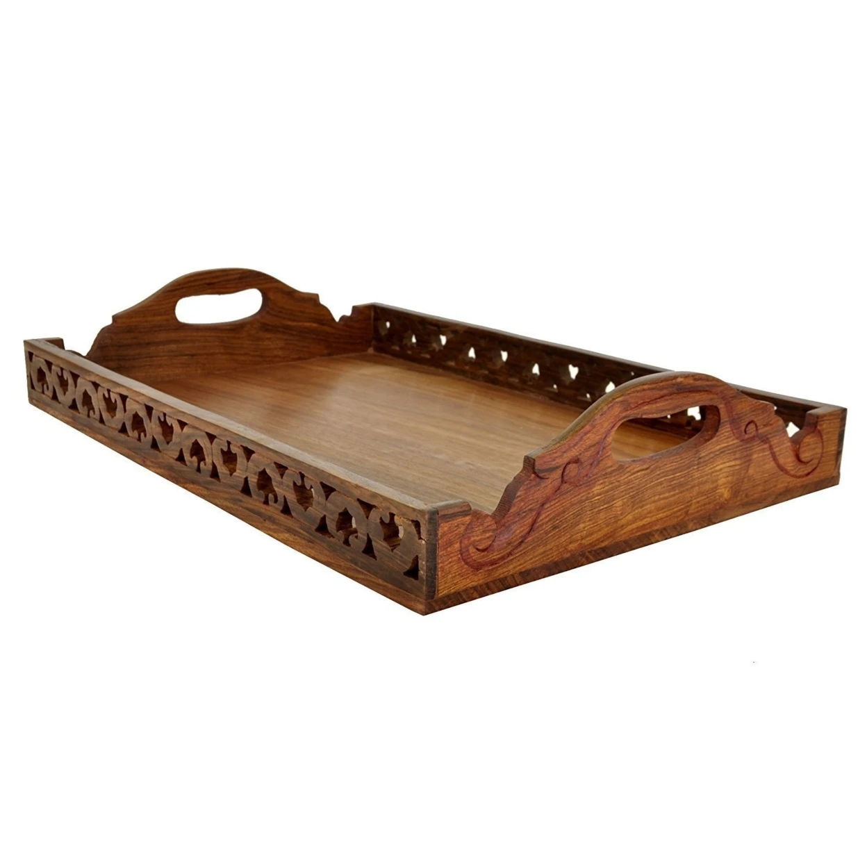 Benzara Wooden Ottoman/Serving Tray With Cutout Handles In Antiqued Finish, Brown (1)