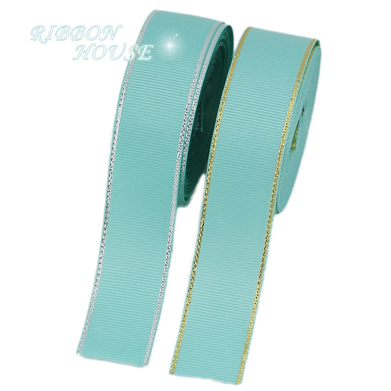 

(10 yards/lot) Light Green Gold Silver Edge Grosgrain Ribbon Wholesale Gift Wrapping Christmas ribbons