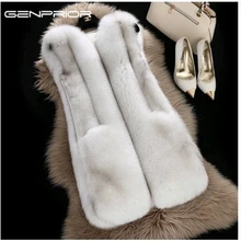 GENPRIOR, Зимний женский теплый жилет из искусственного меха лисы, свитер с карманами, однотонный длинный тонкий повседневный большой меховой жакет для женщин