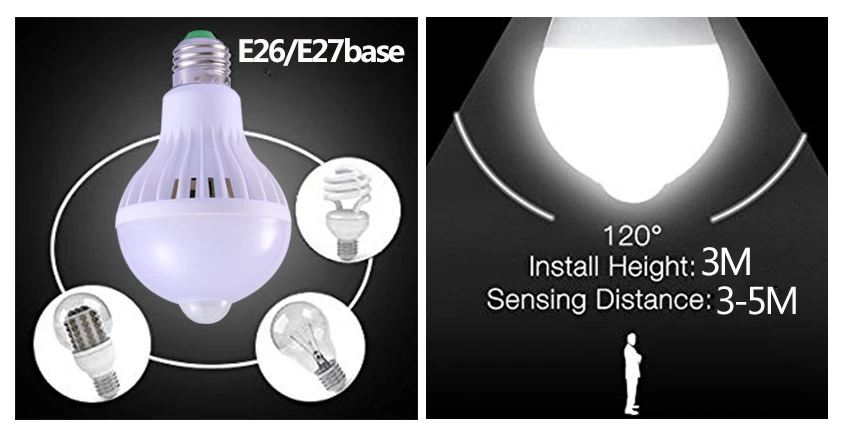 E27 светодиодный светильник, лампа с датчиком движения, 3 Вт, 5 Вт, 7 Вт, 9 Вт, умный светодиодный светильник, 220 В, Bombillas, ампула, светодиодный светильник для дома, крыльца, прихожей