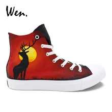 Вэнь Original ручная роспись обувь оленей закат Дизайн Мужские Женские вулканическая обувь черные высокие лодыжки Холст кроссовки кеды