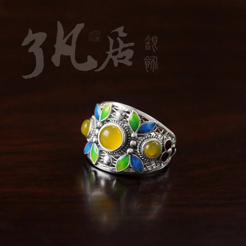 2018 new High quality women jewelry 925 sterling silver natural semi-precious stones yellow Chalcedony rings retro lovers gift