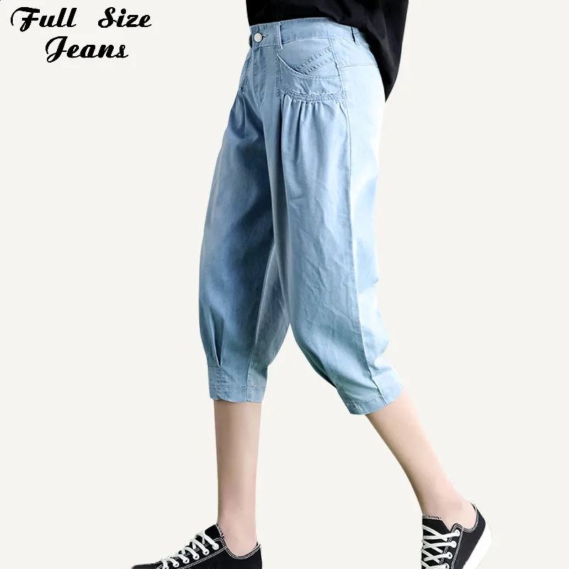 

Plus Size White Blue Boyfriend Loose Capris Jeans 7Xl Summer Woman Female Calf Length Ultra Thin Denim Shorts Jeans Pants Femme