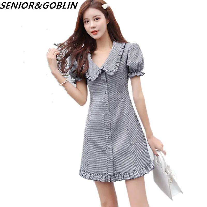 

Newest Summer Short Sleeve Women Dress 2019 Spring Cute Ruffles Plus Size Single Breasted Houndstooth Mini Dresss Vestidos
