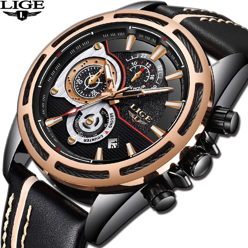  Mens Watch Brand LIGE Trendy Sports Watches Luxury Big Dial Chronograph Watch Waterproof Fashion Casual Quartz Wristwatch+Box