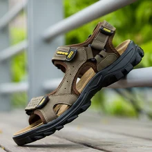 Новинка года; мужские сандалии; повседневные туристические сандалии из натуральной кожи; нескользящая прогулочная обувь для мужчин; цвет коричневый, хаки; пляжные Тапочки