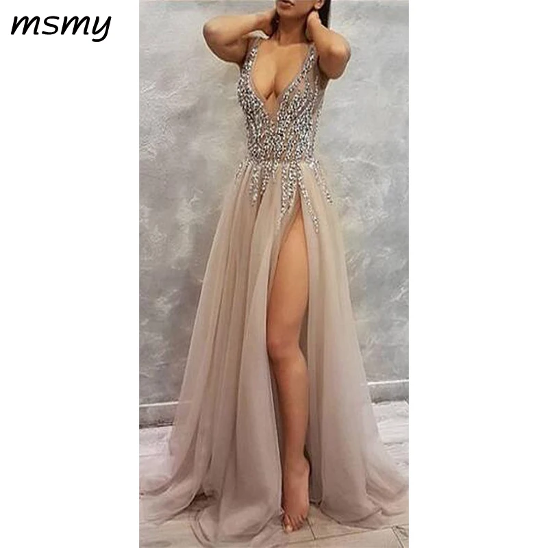 Sequin Sparkly V-Neck A-Line Tulle Side Slit Modest Elegant Prom Dresses