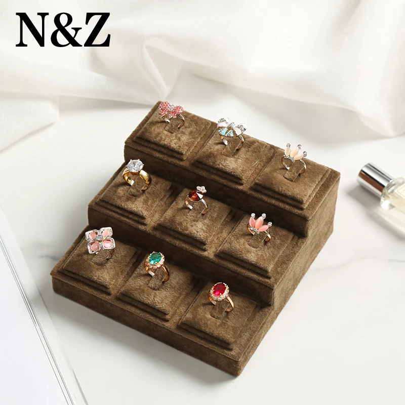 

N&Z New Arrivals Brown Fabric Jewelry Display Stand Ring Holder With Showcase 9 Slots jewelry Organizer Tray