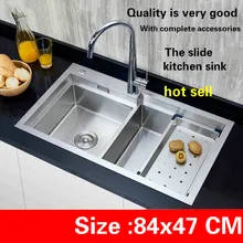 Высококлассная Роскошная большая кухня ручная раковина двойной паз горка пищевые продукты длительного хранения нержавеющая сталь 840x470 мм