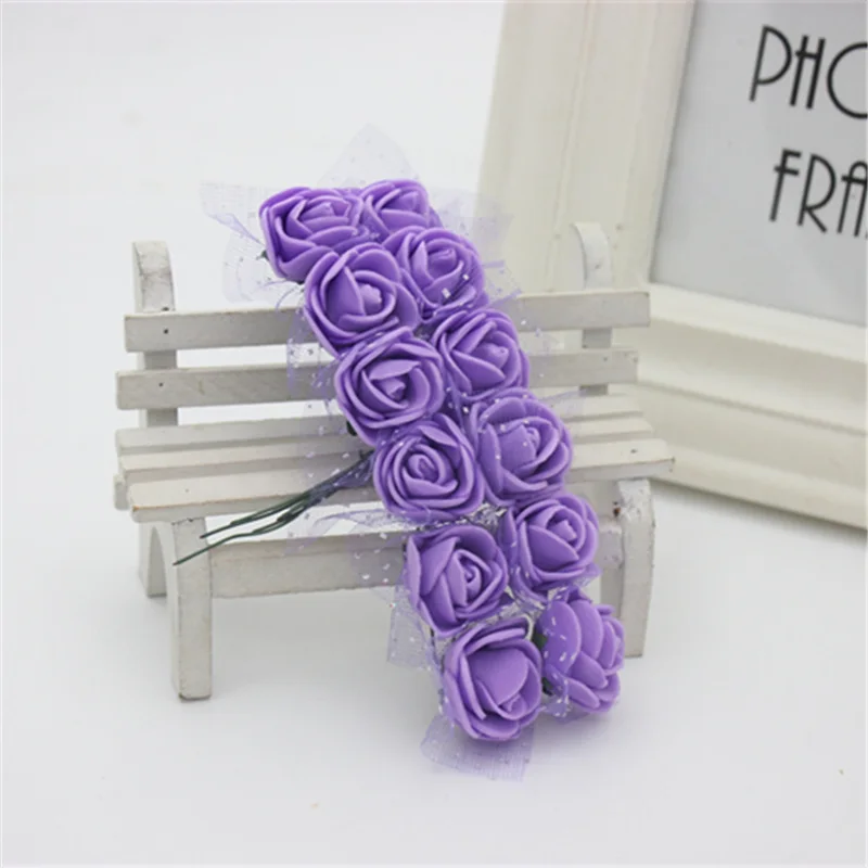 12 шт. Дешевые DIY Мини розы, искусственные цветы кружева свадебное украшение цветок пена ручной материал кольца - Цвет: purple