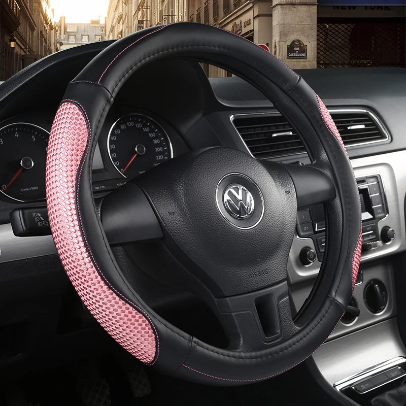 

KKYSYELVA 7 Colors Car Steering Wheel Cover Leather 38cm Auto wheel covers Interior Accessories