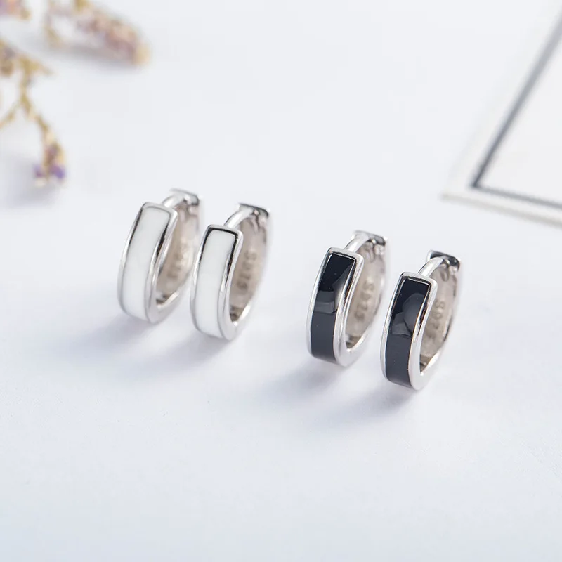 

Black Color Round Hoops Earrings for Women 925 Sterling Silver Simple Mens White Circle Ear Ring Earings Fashion Jewelry