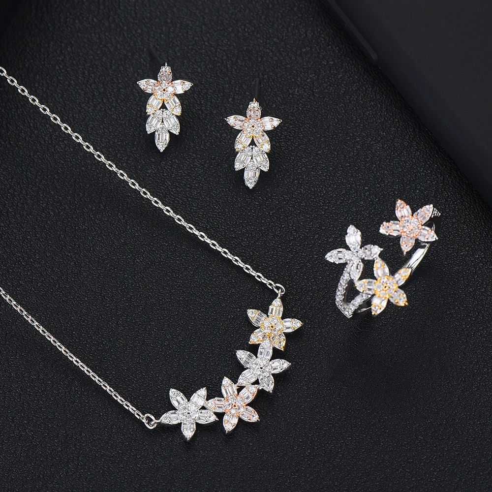 

SisCathy 3PCS Women Necklace/Earrings/Ring Luxury Cubic Zirconia Inlaid Fashion Jewelry Sets Charms Dubai Wedding Jewelry Sets