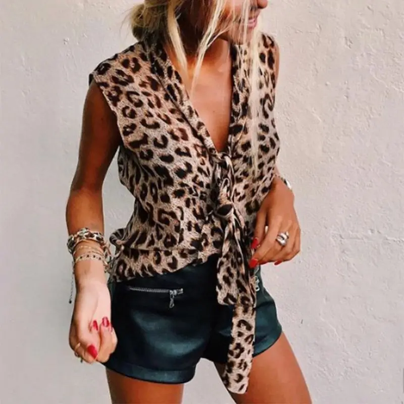 

Women Summer Leopard Print V Neck Bow Sleeveless Tank Top Vest Blouse Tops