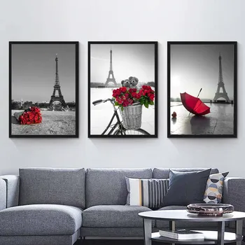 

Gray Black Landscape Poster Prints Moder Painting Wall Art Red Rose Umbrella&Bike Picture For Bedroom shipping in 24h