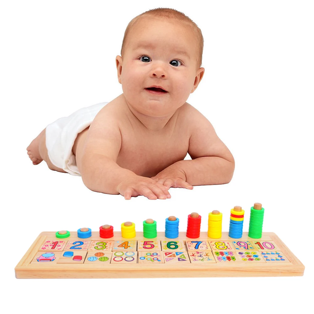 Baby Montessori Rainbow Rings Dominos Children Preschool Teaching Aids Counting and Stacking Board Wooden Arithmetic Math