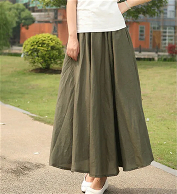 11 Solid Color New Long Skirts Womens Nice Bohemian Casual Elastic Waist Linen Plus Size Circle