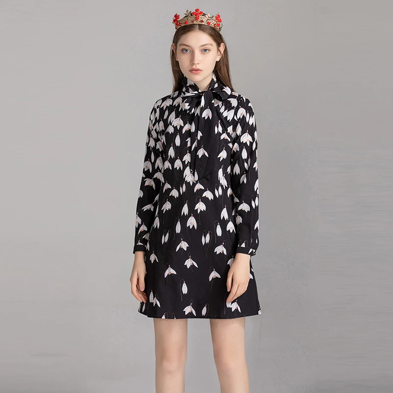 MIUXIMAO Fashion Runway Design Fall Casual Dress Women Magnolia Flower Print Bow Full Sleeve Vintage Dress Women vestido