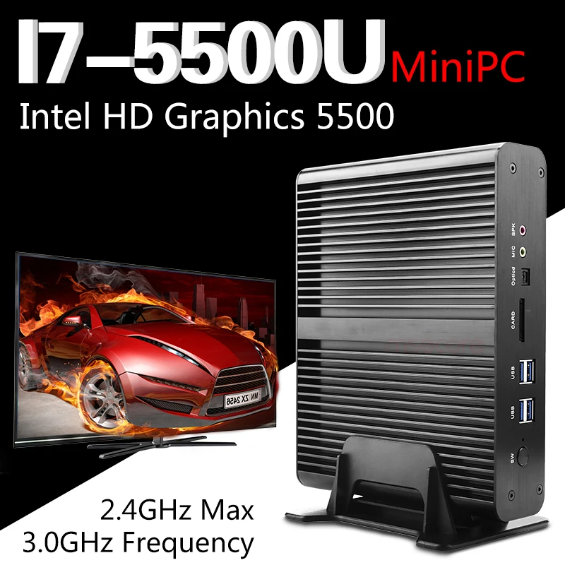 Fanless Intel Core i7 5500U Mini PC Desktop Computer Windows 10 NUC Nettop barebone system Broadwell