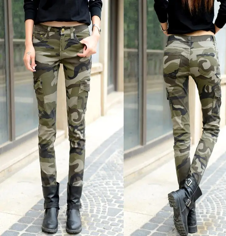 Новые модные женские узкие джинсы длинные узкие камуфляжные брюки повседневные брюки Брюки размер - Цвет: Армейский зеленый