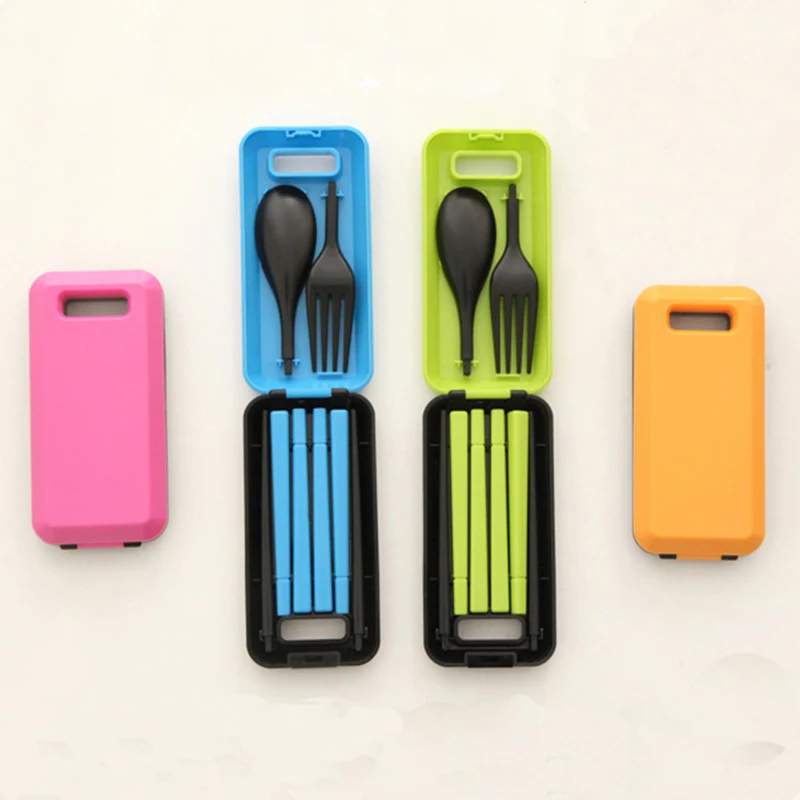 Three Piece Portable Tableware Sets With Folding Combination Spoon Fork Chopsticks Bento Lunch Box Tableware Kitchen