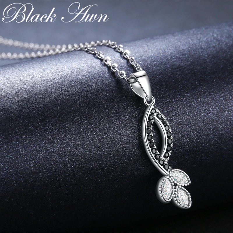 [BLACK AWN] Classic Silver Color Necklace for Women Black Spinel Pendants Necklaces Fashion Jewelry Girl Gift K003