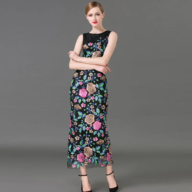 Robe Qualité Summer Broderie Haute Couture Piste Rond Longue 2016 New Noir Maxi Col Gaze TlF3K1Jc