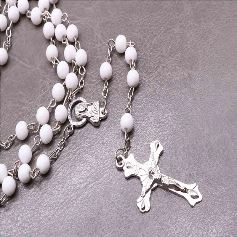

White Glass Rosary Catholic Virgin Mary Cross Necklace Men and Women Jewelry Beads Ornament 6mm