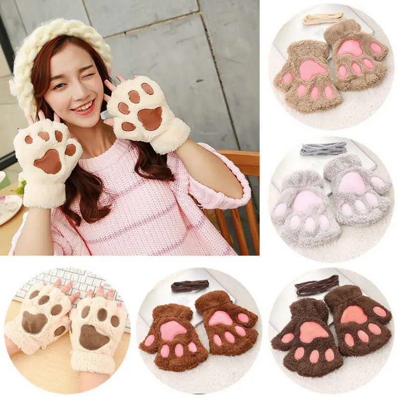 

1Pair Women Girls Lovely Winter Warm Fingerless Gloves Fluffy Bear Cat Plush Paw Claw Half Finger Gloves Mitten New